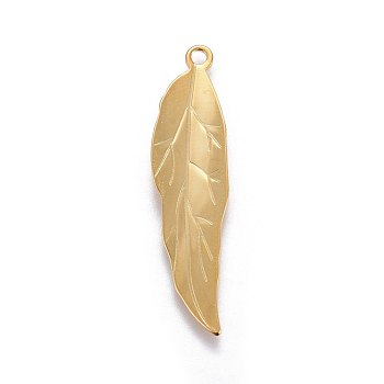 201 Stainless Steel Pendants, Leaf, Real 24K Gold Plated, 38x9.5x1.5mm, Hole: 1.8mm