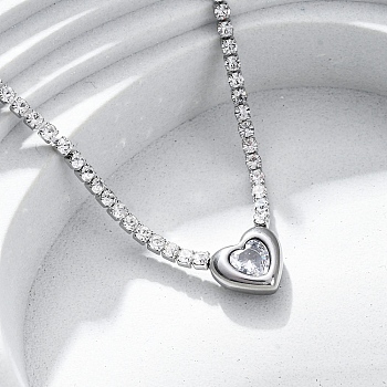 304 Stainless Steel Clear Cubic Zirconia Heart Pendant Necklaces for Women, Stainless Steel Color, 16.89 inch(42.9cm)