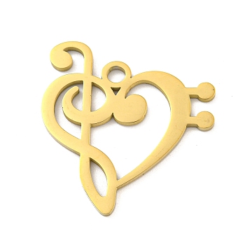 Ion Plating(IP) 304 Stainless Steel Pendants, Laser Cut, Heart with Music Note Charm, Real 18K Gold Plated, 30.5x28x1mm, Hole: 2.5mm