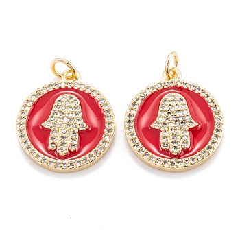 Real 18K Gold Plated Brass Micro Pave Clear Cubic Zirconia Pendants, with Enamel and Jump Ring, Long-Lasting Plated, Flat Round with Hamsa Hand, Red, 19.5x17x2.5mm, Jump Ring: 5x0.8mm, 3.4mm inner diameter