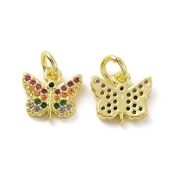 Brass Micro Pave Colorful Cubic Zirconia Charms, with Jump Ring, Butterfly Charm, Real 18K Gold Plated, 9x10x1.5mm, Hole: 3.2mm