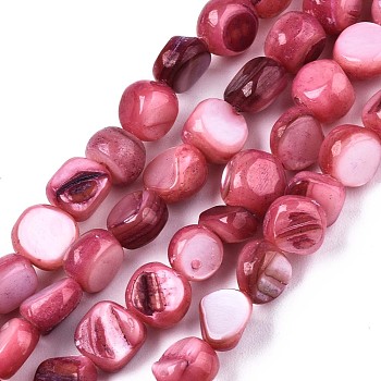 Natural Freshwater Shell Beads Strands, Dyed, Nuggets, Hot Pink, 6~7x5~7x2~7mm, Hole: 0.8mm, about 58~62pcs/strand, 14.57~15.35 inch (37~39cm)