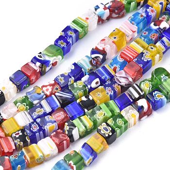 Cube Handmade Millefiori Glass Beads, Mixed Color, 6mm, Hole: 0.5mm, about 65pcs/strand, 15.3 inch