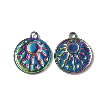 Ion Plating(IP) 304 Stainless Steel Pendant Cabochon Settings, Flat Round with Sun, Rainbow Color, 21.5x18x2mm, Hole: 2mm, Tray: 4.5mm
