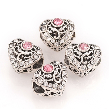 Alloy Rhinestone European Beads, Large Hole Beads, Heart, Light Rose, 11x12.5x9.5mm, Hole: 4.5mm