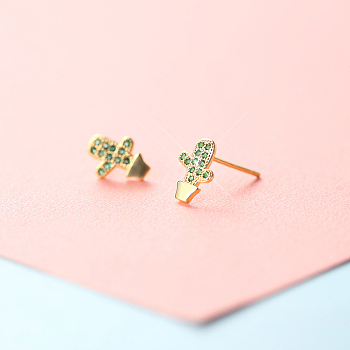 Brass Micro Pave Clear Cubic Zirconia Stud Earrings, Golden, Cactus, 6mm