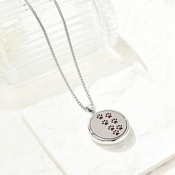 316 Surgical Stainless Steel Aromatherapy Diffuser Perfume Hollow Flat Round Pendant Box Chain Necklaces, Stainless Steel Color, Paw Print, 27.95 inch(71cm)