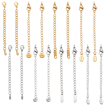 16Pcs 8 Styles 304 Stainless Steel Chain Extender, Cadmium Free & Nickel Free & Lead Free, with Clasps and Charm, Golden & Stainless Steel Color, 50~73mm, 2pcs/style