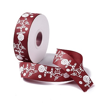 25 Yards Christmas Theme Printed Polyester Grosgrain Ribbon, for DIY Jewelry Making, Flat, Dark Red, 1- inch(25.5mm)