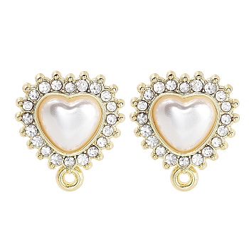 Alloy Glass Rhinestone and Plastic Imitation Pearl Stud Earring Finding Accessories, Heart, Golden, 13x12mm, Hole: 0.9mm, Pin: 0.7x13mm