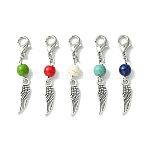 30Pcs Alloy Wing Pendant Decorations, with Dyed Synthetic Turquoise Beads and Alloy Lobster Claw Clasps, Mixed Color, 40mm(HJEW-JM01379-30A)