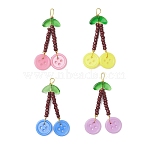 4Pcs Acrylic Sewing Buttons Pendants, Cherry, with Spray Painted Transparent Glass Beads, Glass Seed Beads and Opaque Colours Seed, Golden, 47x25x2.5mm, Hole: 2.5x5mm(PALLOY-JF04201)