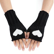 Acrylic Fiber Yarn Knitting Fingerless Gloves, Two Tone Heart Pattern Winter Warm Gloves with Thumb Hole, Black, 200x85mm(COHT-PW0002-11A)