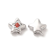 Brass Cubic Zirconia Beads, Star, Platinum, Red, 7x8x4mm, Hole: 1mm(KK-Q773-01P-03)