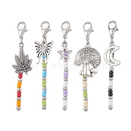 Glass Beaded Pendant Decorations, with Alloy Pendant and 304 Stainless Steel Beads, Moon/Mushroom/Star/Leaf/Butterfly, Antique Silver, 55~57mm(HJEW-JM01033)