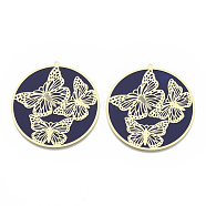 Brass Enamel Pendants, Etched Metal Embellishments, Matte Gold Color, Flat Round with Butterfly, Midnight Blue, 49x47x0.3mm, Hole: 1.2mm(KK-N223-07A)