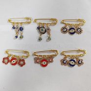 6Pcs 6 Style Flower & Butterfly & Evil Eye Enamel Charms Safety Pin Brooches Set, Golden Iron Lapel Pins with Crystal Rhinestone for Backpack Clothes, Mixed Color, 24~46x50~55mm, 1Pc/style(JEWB-FH0001-31)
