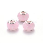 Handmade Lampwork European Beads, Large Hole Beads, with Platinum Tone Brass Double Cores, Rondelle, Pink, 14~15x9~10mm, Hole: 5mm(LPDL-N001-033)