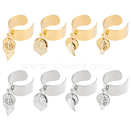 8Pcs 4 Style 304 Stainless Steel Open Cuff Finger Rings with Leaf Charms, Golden & Stainless Steel Color, Inner Diameter: 17~18mm, 2Pcs/style(RJEW-AB00008)