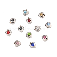 304 Stainless Steel Charms, with Acrylic Rhinestone, Faceted, Birthstone Charms, Heart, Stainless Steel Color, Mixed Color, 8.2x7.2x3.2mm, Hole: 1mm(X-STAS-I165-05P)
