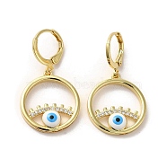 Evil Eye Real 18K Gold Plated Brass Dangle Leverback Earrings, with Enamel and Cubic Zirconia, Light Blue, 33.5x18.5mm(EJEW-Q797-09G-01)
