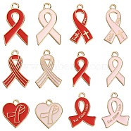 60Pcs 12 Styles Light Gold Tone Zinc Alloy Enamel Pendants, Aids Awareness Ribbon with Word Red Ribbon Week, Red, 20~27.5x10~16x1~1.5mm, Hole: 1.5mm, 5pcs/style(ENAM-CJ0003-59)