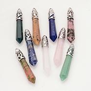 Natural Gemstone Big Pointed Pendants, Bullet, with Platinum Tone Alloy Findings, 57~62x9~10mm, Hole: 4x5mm(G-K131-03-M)