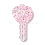 Acylic Pendant with Glitter Powder, Key with Heart, Pink, 57.5x29.5x6mm, Hole: 2.3mm(X1-OACR-H035-01D)