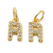 Brass Micro Pave Cubic Zirconia Pendants, with Jump Ring, Letter R, 8~9x4.5~9.5x1.5mm, Hole: 3.6mm(KK-M273-02G-R)