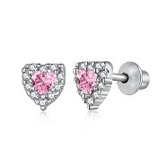 Rhodium Plated 925 Sterling Silver Micro Pave Cubic Zirconia Heart Stud Earrings for Woman, Real Platinum Plated, Pearl Pink, 5x6mm(EJEW-P231-75A)