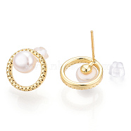 Natural Pearl Ring Stud Earrings, Brass Earrings with 925 Sterling Silver Pins, Cadmium Free & Nickel Free & Lead Free, Real 18K Gold Plated, 13mm, Pin: 0.8mm(PEAR-N017-06F)