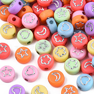 Opaque Mixed Color Acrylic Beads, Metal Enlaced, Flat Round with Silver Star & Flower & Moon & Heart, 7x4mm, Hole: 1.5mm, about 3600pcs/500g(MACR-T038-10-S)