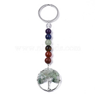 Natural Green Aventurine Chips Chakra Keychain, with Platinum Plated Stainless Steel Split Key Rings and Mixed Stone Round Beads, Flat Round with Tree of Life, 122mm(G-N0326-004K)