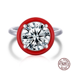 Rhodium Plated 925 Sterling Silver Rings, Birthstone Ring, Real Platinum Plated, with Enamel & Cubic Zirconia for Women, Flat Round, Red, 1.8mm, US Size 7(17.3mm)(RJEW-A019-44B-02P)