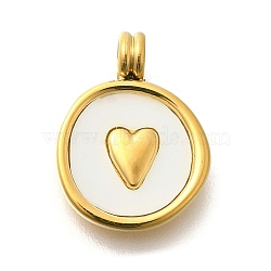 Ion Plating(IP) 304 Stainless Steel Pave Shell Pendants, Flat Round with Heart Charms, Real 14K Gold Plated, 15.5x12x4mm, Hole: 2.8mm(STAS-K263-61G)