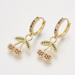 Brass Cubic Zirconia Dangle Hoop Earrings, Cherry, Colorful, Golden, 33.5mm, Pin: 1mm(EJEW-S201-142)