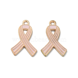 Light Gold Tone Zinc Alloy Enamel Pendants, October Breast Cancer Pink Awareness Ribbon, Pink, 22.5x14.5x1mm, Hole: 2mm(ENAM-WH0061-14B)