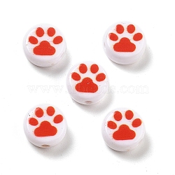 Opaque Acrylic Beads, Flat Round with Cat Paw, White, 10x5mm, Hole: 1.8mm(OACR-D282-03A)