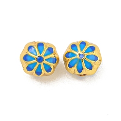 Rack Plating Brass Enamel Beads, Long-Lasting Plated, Cadmium Free & Lead Free, Real 18K Gold Plated, Flat Round, Flower, 5.5x6.3x5.5mm, Hole: 1.8mm(KK-P277-36G-02)