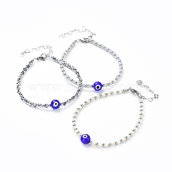 Evil Eye Lampwork Bead Bracelets, with Electroplate Glass & 304 Stainless Steel Beads, Lobster Claw Clasps and Heart Extender Chains, Round, Mixed Color, 7-1/4 inch(18.5cm)(BJEW-JB04396)