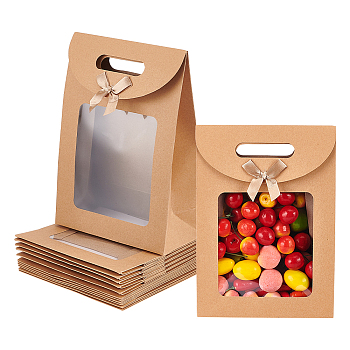 Rectangle Kraft Paper Gift Bags, Die Cut Grip Hole Bag with Bowknot and Clear Window, Tan, Finish Product: 26.5x9.1x26cm