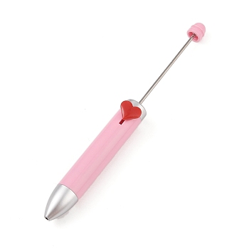 Heart Plastic Ball-Point Pen, Iron Pole Beadable Pen, for DIY Personalized Pen with Jewelry Beads, Pink, 156x14.5mm, Pin: 2mm