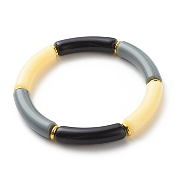Imitation Jade Acrylic Curved Tube Beaded Stretch Bracelet for Women, Black, Inner Diameter: 2-1/8 inch(5.3cm)