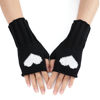 Acrylic Fiber Yarn Knitting Fingerless Gloves, Two Tone Heart Pattern Winter Warm Gloves with Thumb Hole, Black, 200x85mm