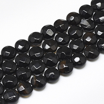 Natural Black Onyx Beads Strands, Faceted, Flat Round, 8~8.5x4.5~5mm, Hole: 1mm, about 25pcs/strand, 7.8 inch