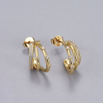 Brass Micro Pave Cubic Zirconia Stud Earrings, Half Hoop Earrings, Split Earrings, with Ear Nut, Long-Lasting Plated, Real 18K Gold Plated, Clear, 14.5x8mm, Pin: 0.8mm