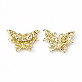 Brass Pave Clear Cubic Zirconia Connector Charms, Butterfly Links, Real 18K Gold Plated, 15.5x23x4mm, Hole: 1mm
