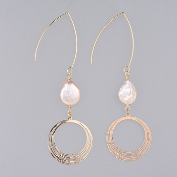 Dangle Earrings, with Natural Baroque Pearl Keshi Pearl, Copper Wire, 304 Stainless Steel Earring Hooks, Brass Pendant and Cardboard Boxes, Seashell Color, Golden, 95mm, Pin: 0.8mm