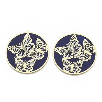 Brass Enamel Pendants, Etched Metal Embellishments, Matte Gold Color, Flat Round with Butterfly, Midnight Blue, 49x47x0.3mm, Hole: 1.2mm