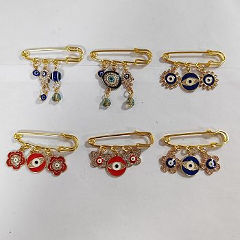 6Pcs 6 Style Flower & Butterfly & Evil Eye Enamel Charms Safety Pin Brooches Set, Golden Iron Lapel Pins with Crystal Rhinestone for Backpack Clothes, Mixed Color, 24~46x50~55mm, 1Pc/style